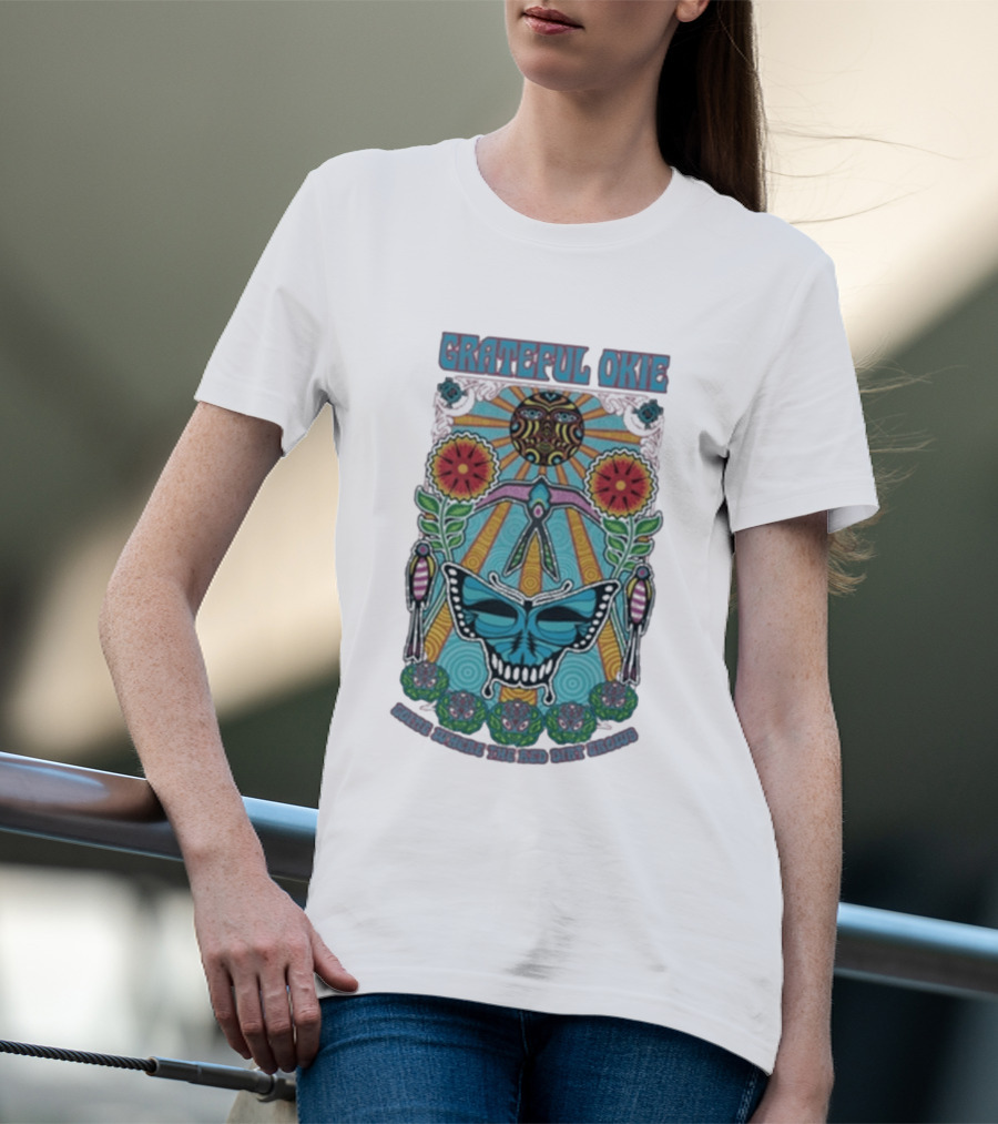 Grateful Okie Going Where The Red Dirt Grows Butterfly And Floral Sunburst T-Shirt