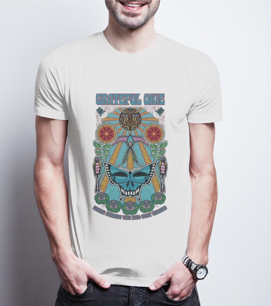 Grateful Okie Going Where The Red Dirt Grows Butterfly And Floral Sunburst T-Shirt