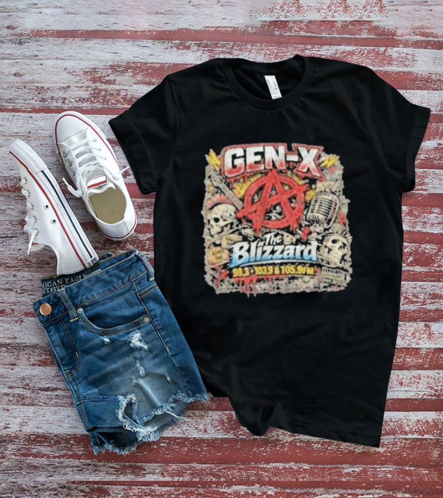 Gen X The Blizzard 98.3 103.9 105.9 FM Anarchy Skulls Microphone T-Shirt