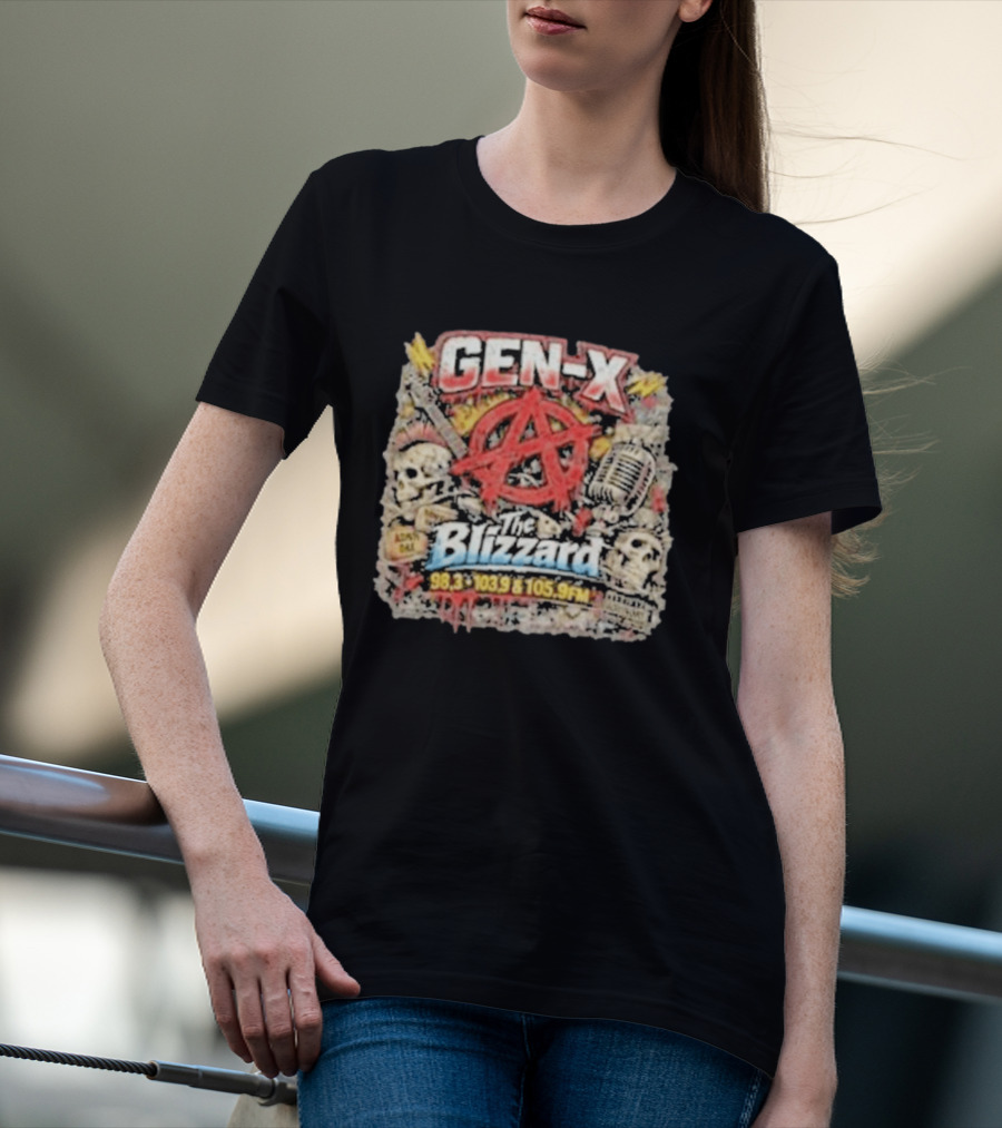 Gen X The Blizzard 98.3 103.9 105.9 FM Anarchy Skulls Microphone T-Shirt