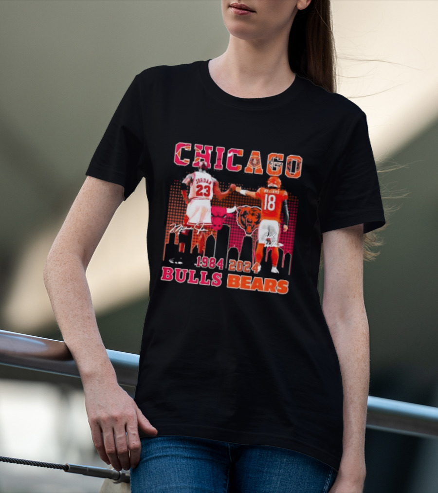 Chicago Bulls Michael Jordan 23 And Chicago Bears Caleb Williams 18 1984 2024 Signatures T-Shirt