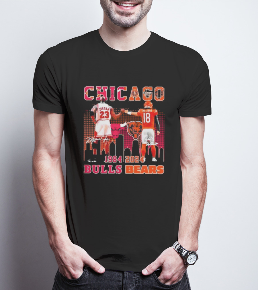 Chicago Bulls Michael Jordan 23 And Chicago Bears Caleb Williams 18 1984 2024 Signatures T-Shirt