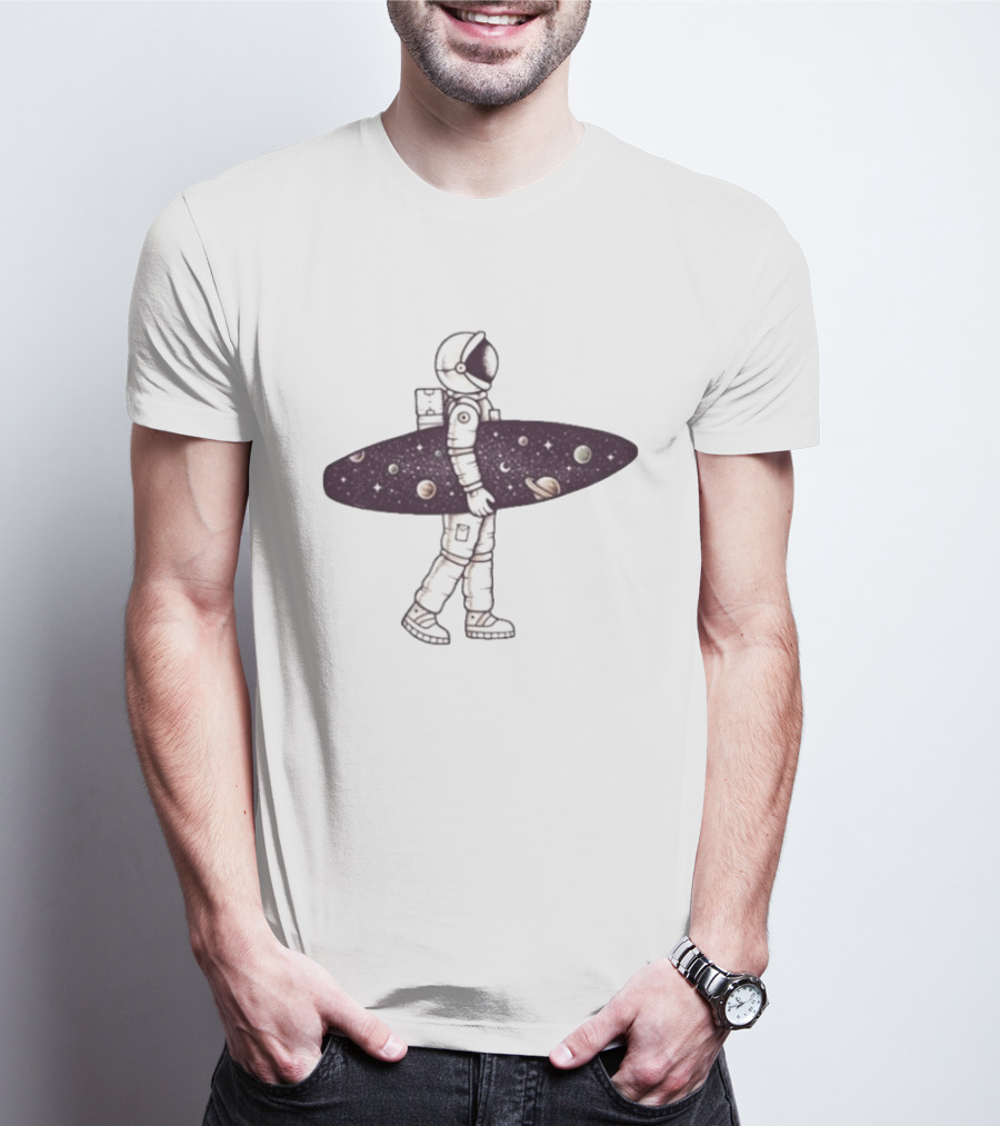 Astronaut Surfer Exploring Cosmic Adventure With Planets And Stars T-Shirt