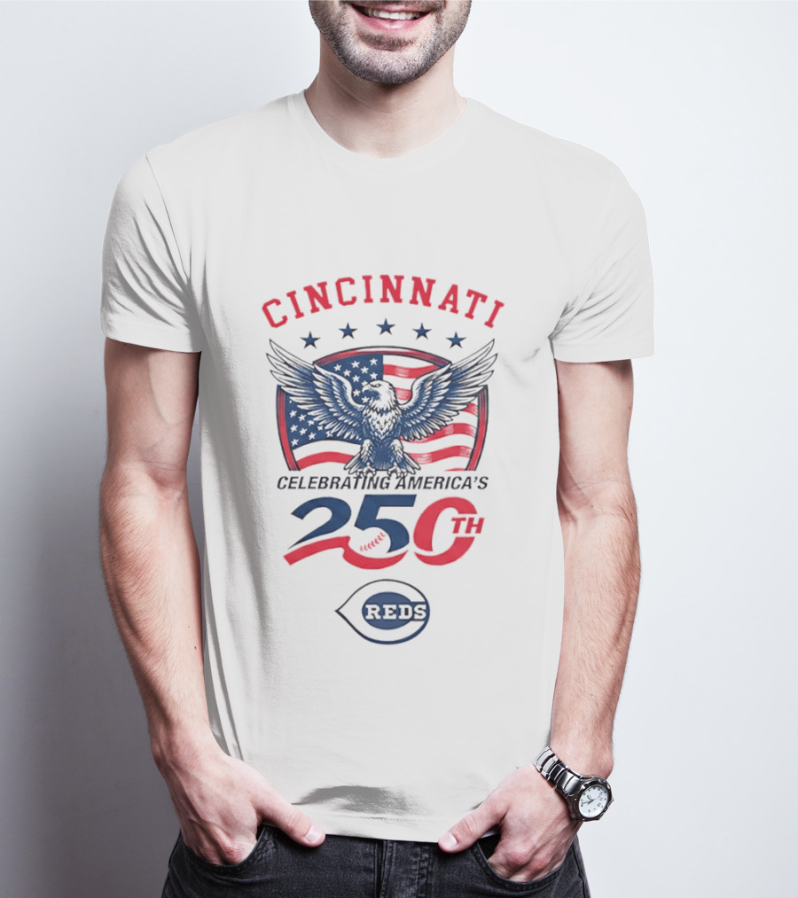 Cincinnati Celebrating America's 250th Anniversary 1776 2026 Reds American Flag Eagle T-Shirt