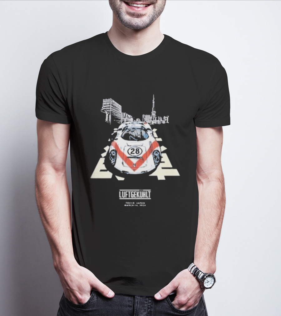 Luftgekuhlt Tokyo Event Porsche 28 Red Stripe Skyline Scene T-Shirt