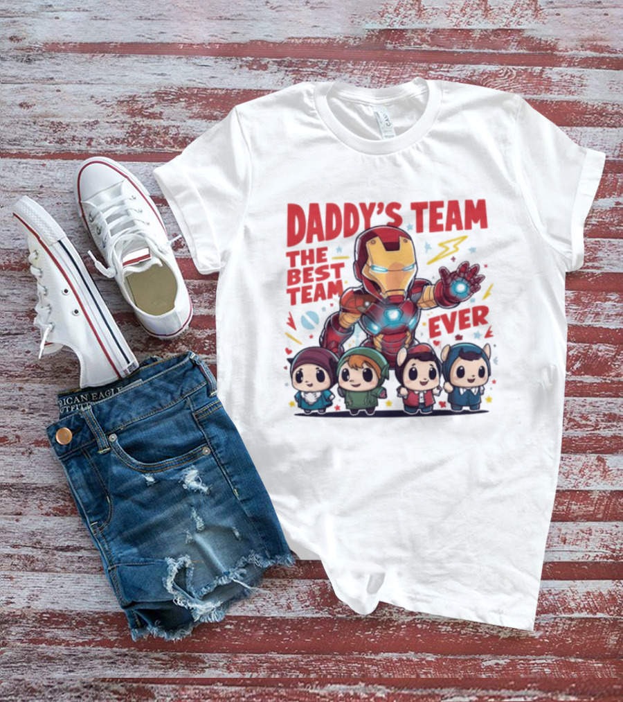 Daddys Team The Best Team Ever Superhero Dad Iron Man And Kids T-Shirt