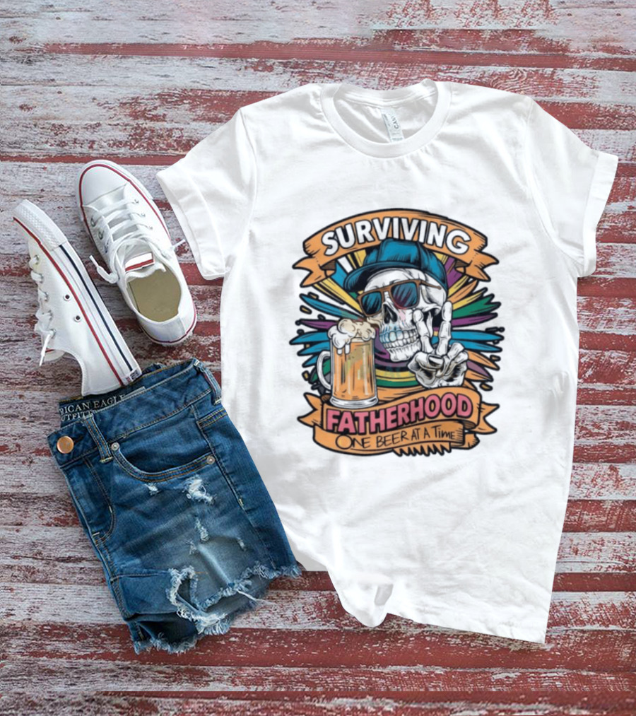 Surviving Fatherhood One Beer At A Time Skeleton Dad Drinking Beer T-Shirt