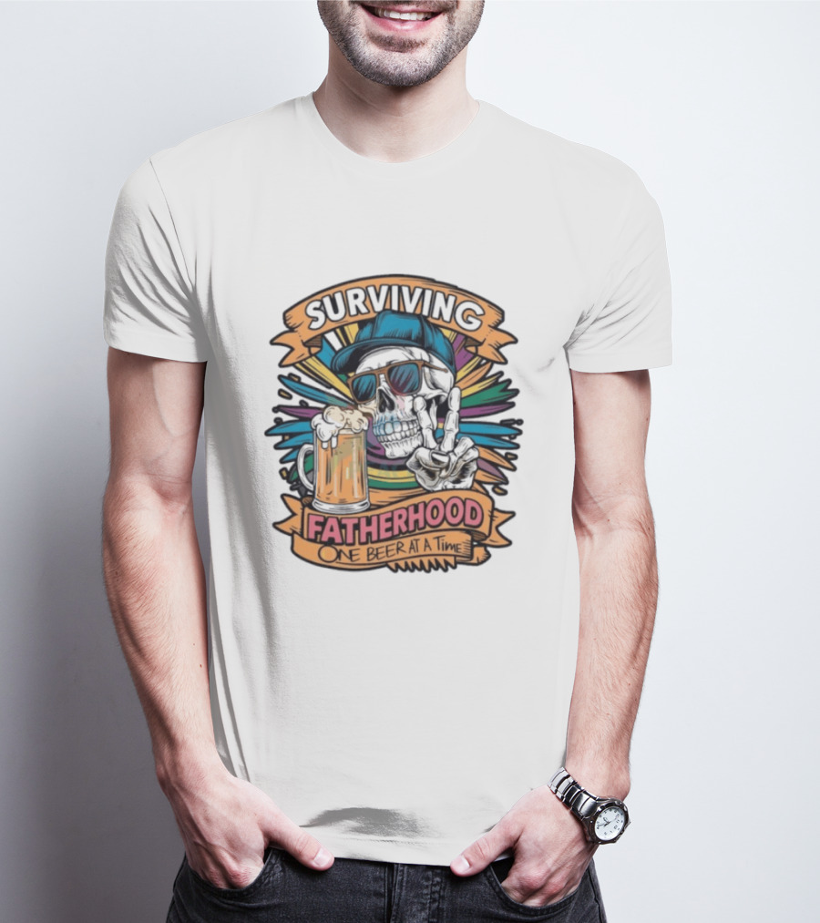 Surviving Fatherhood One Beer At A Time Skeleton Dad Drinking Beer T-Shirt