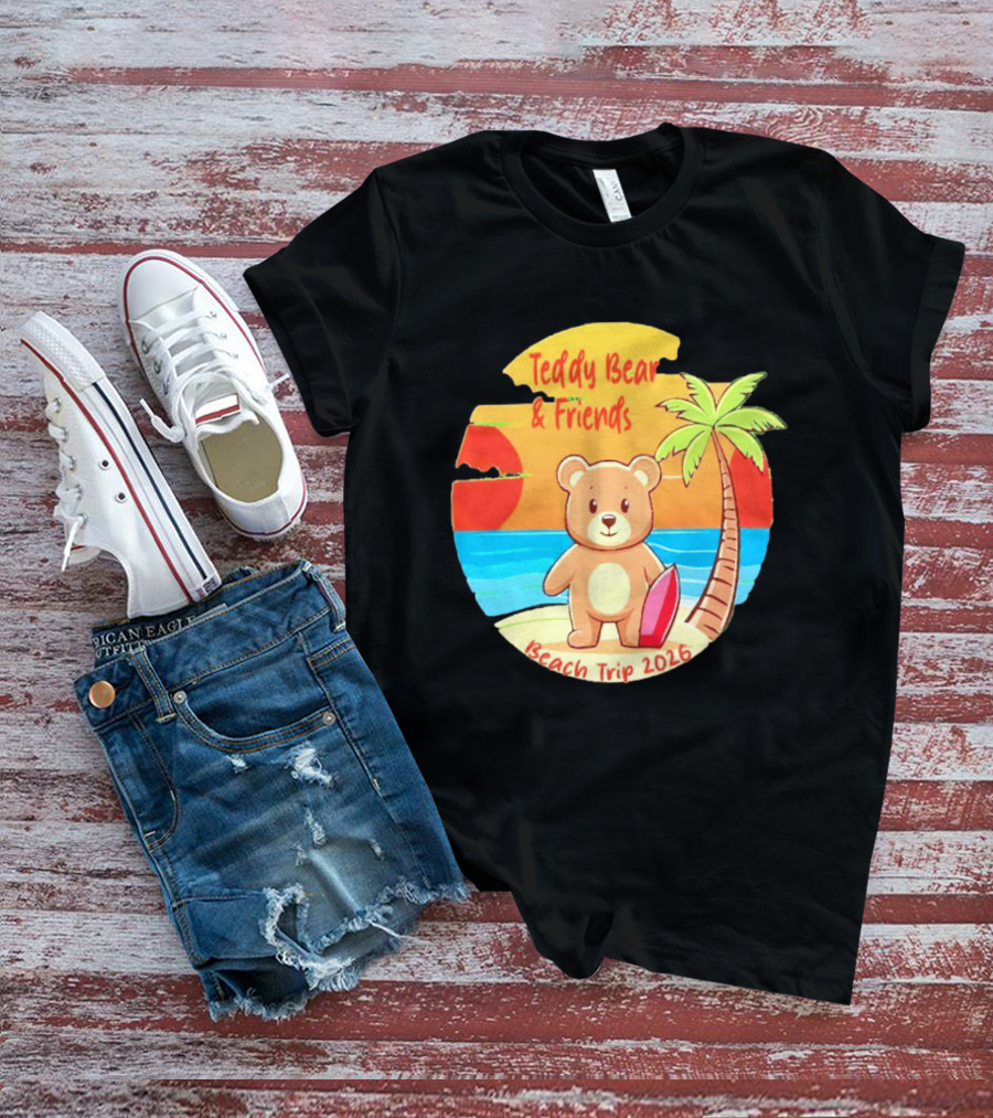 Teddy Bear And Friends Beach Trip 2026 Summer Adventure With Palm And Sunset T-Shirt