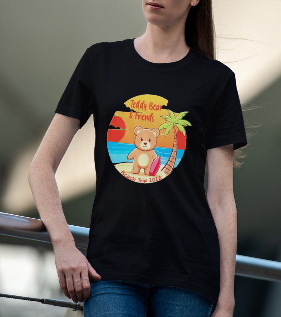 Teddy Bear And Friends Beach Trip 2026 Summer Adventure With Palm And Sunset T-Shirt