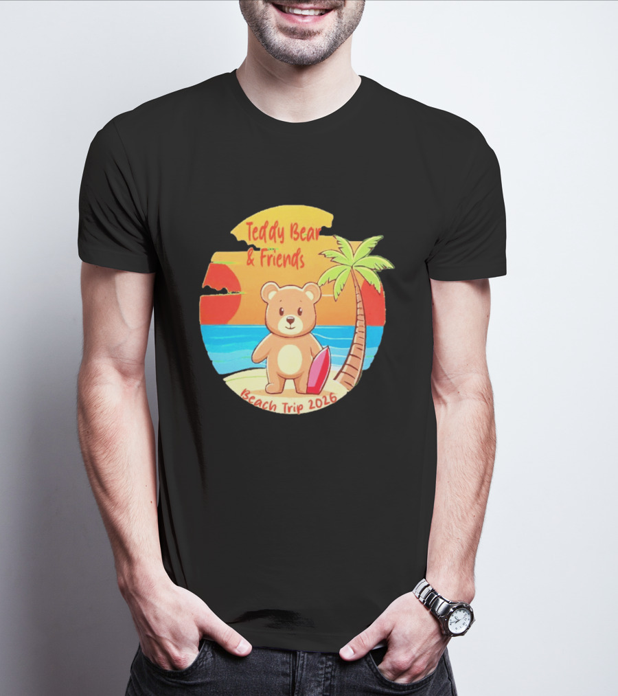 Teddy Bear And Friends Beach Trip 2026 Summer Adventure With Palm And Sunset T-Shirt