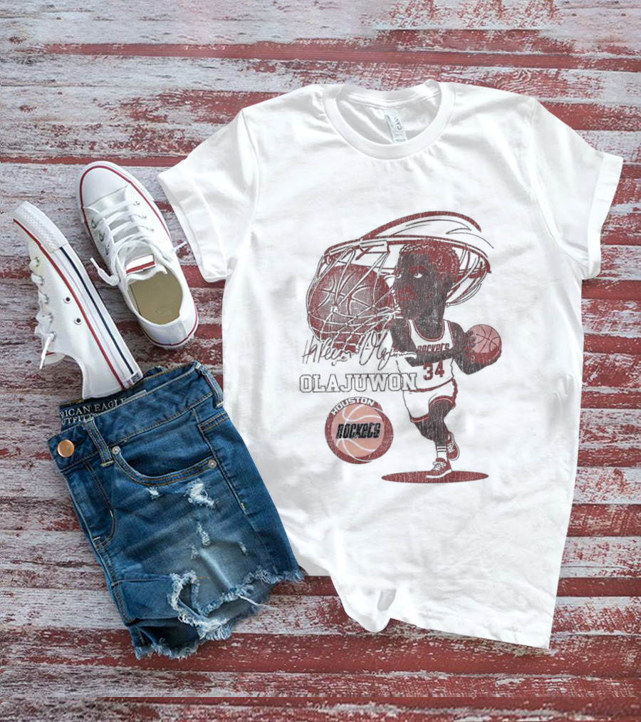 Houston Rockets Hardwood Classics Hakeem Olajuwon Number 34 Caricature T-Shirt