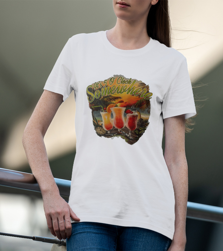 It's 5 O' Somewhere Tropical Sunset Cocktails And Palm Trees T-Shirt