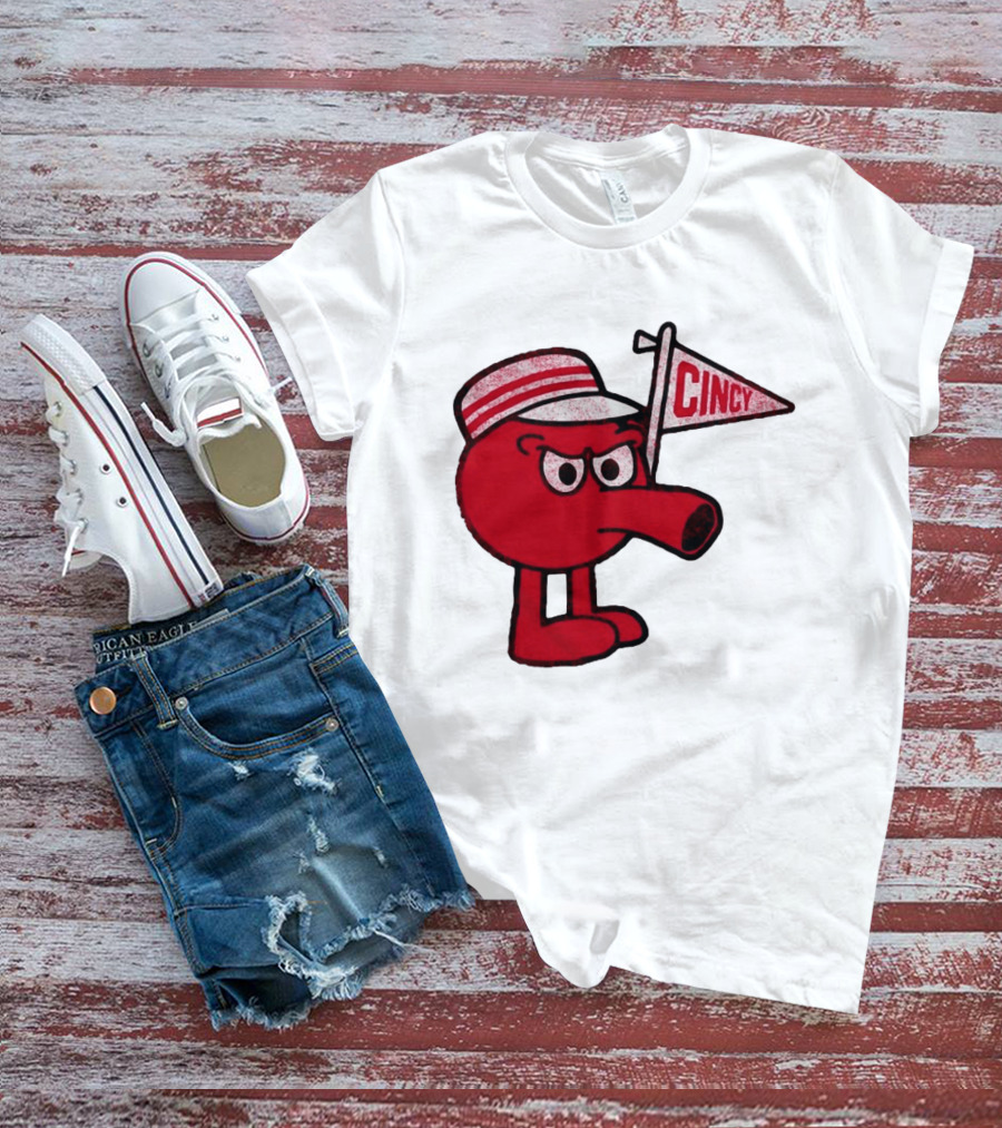 Cincy Redbert Cartoon Character With Striped Hat And Flag T-Shirt