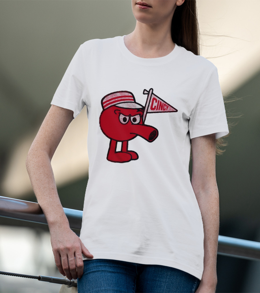 Cincy Redbert Cartoon Character With Striped Hat And Flag T-Shirt