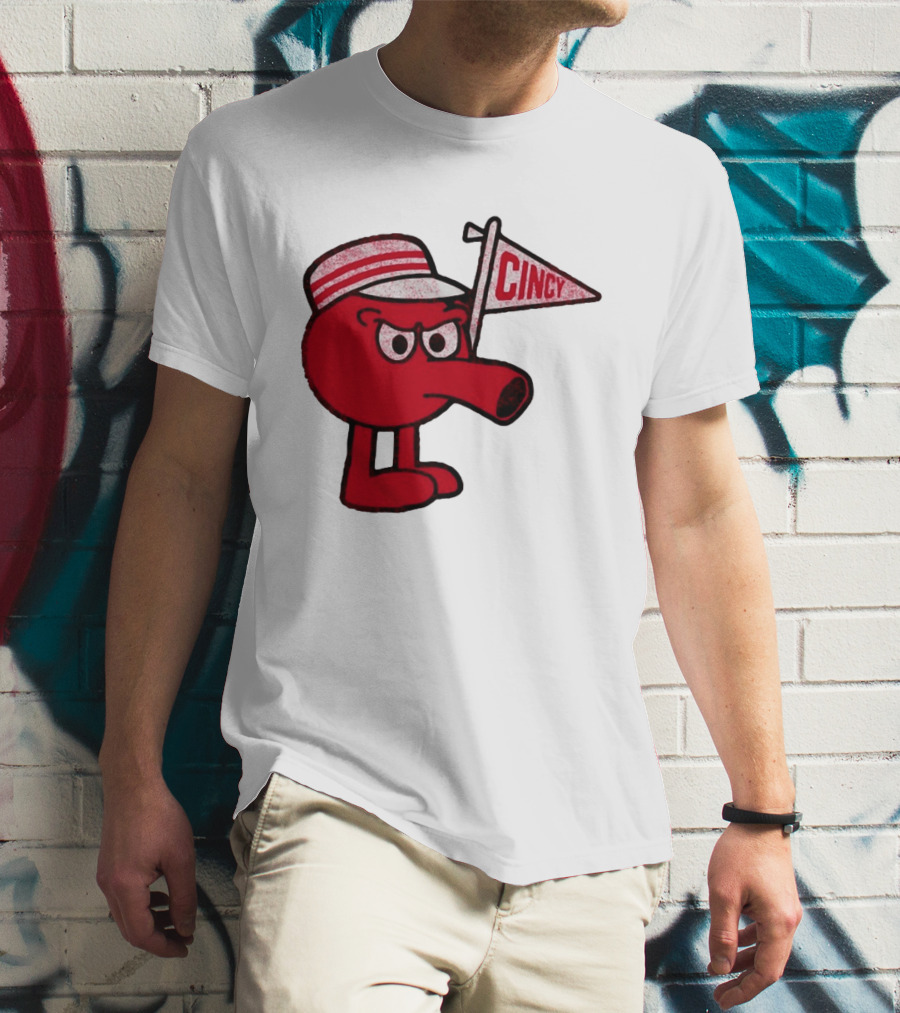 Cincy Redbert Cartoon Character With Striped Hat And Flag T-Shirt