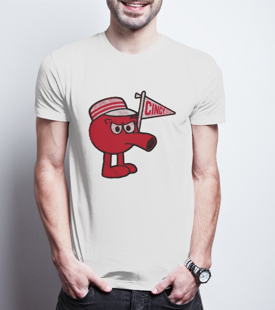 Cincy Redbert Cartoon Character With Striped Hat And Flag T-Shirt