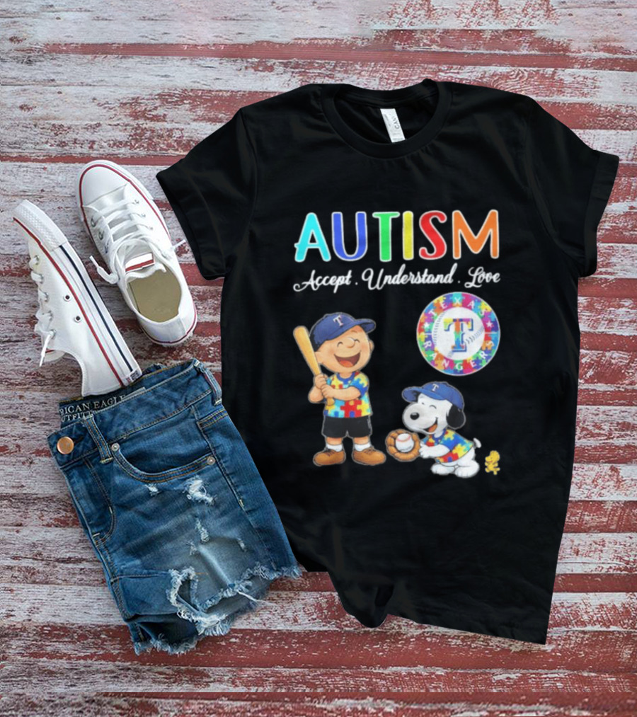 Peanuts Texas Rangers Autism Accept Understand Love Charlie Brown Snoopy T-Shirt