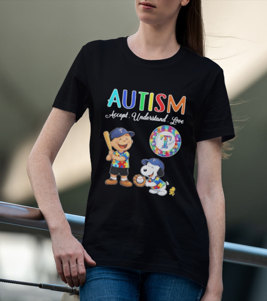 Peanuts Texas Rangers Autism Accept Understand Love Charlie Brown Snoopy T-Shirt