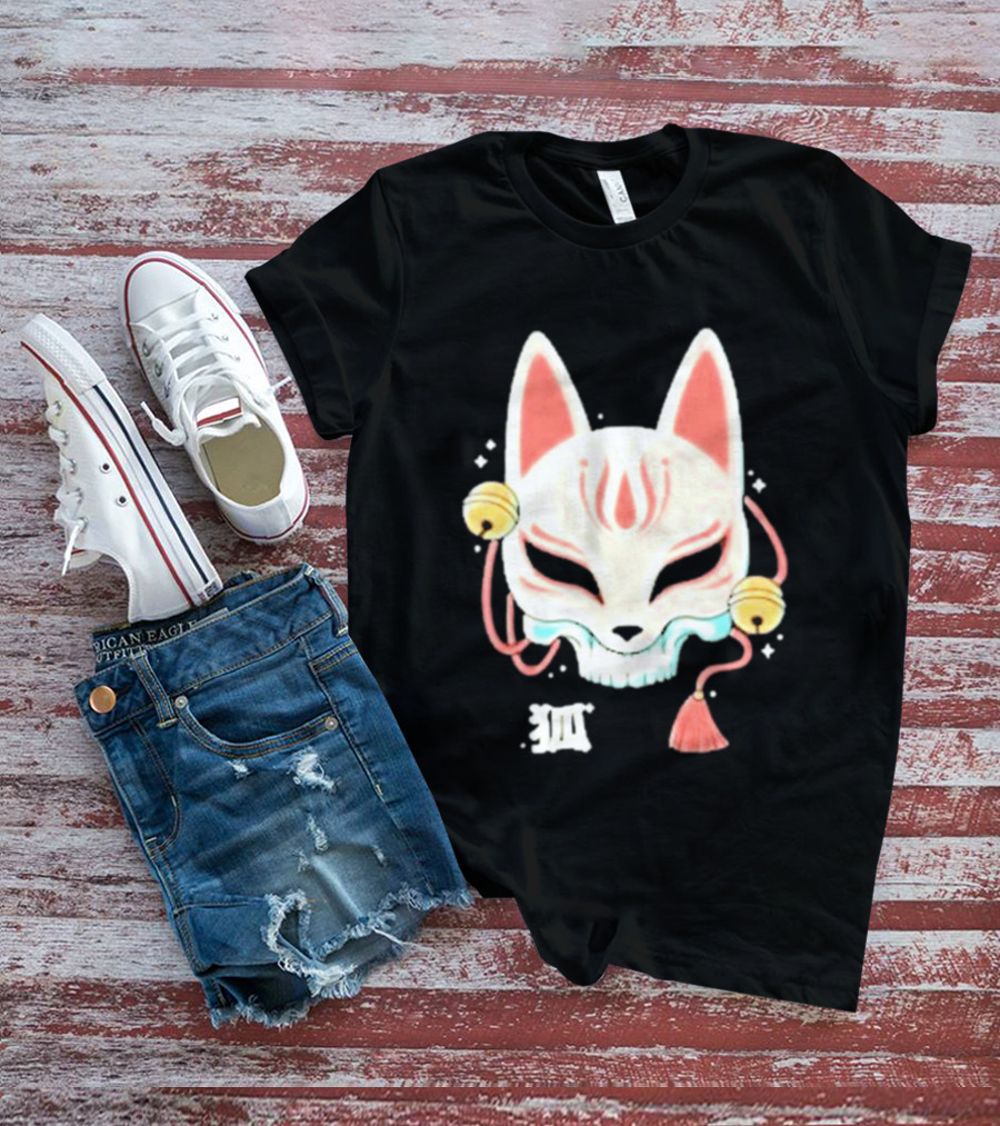 Lonely Club Kitsune Skull Mask With Bells And Kanji T-Shirt