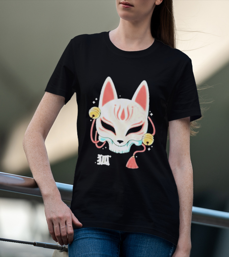 Lonely Club Kitsune Skull Mask With Bells And Kanji T-Shirt