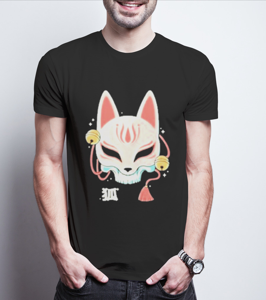Lonely Club Kitsune Skull Mask With Bells And Kanji T-Shirt