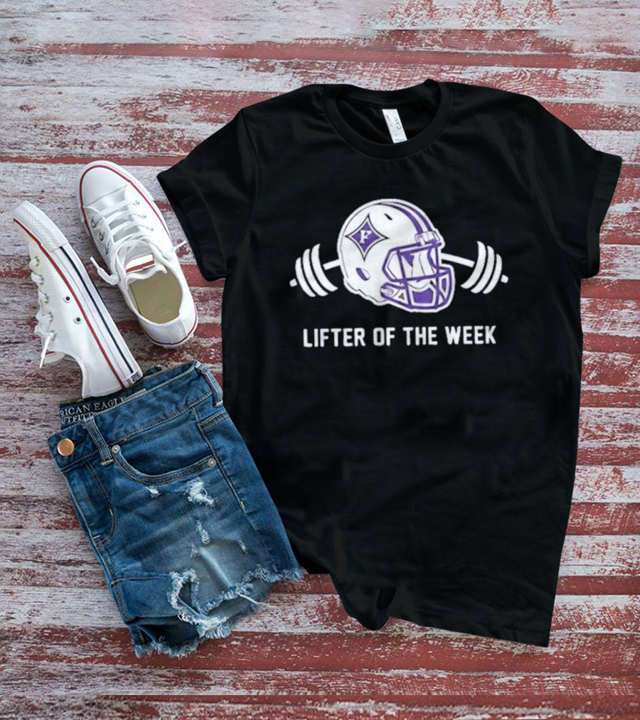 Furman Paladins Lifter Of The Week Helmet Logo With Weights T-Shirt