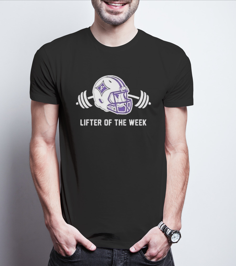 Furman Paladins Lifter Of The Week Helmet Logo With Weights T-Shirt