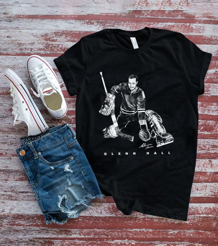Glenn Hall Chicago Blackhawks Hockey Bitmap Vintage Style Goalie Iconic Pose T-Shirt