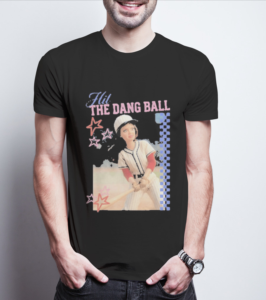 Hit The Dang Ball Vintage Baseball Player With Stars And Blue Checkerboard T-Shirt