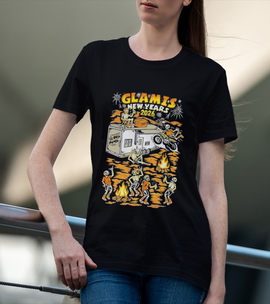 Glamis New Years 2026 Skeletons Campfire Celebration With Motorbike And Fireworks T-Shirt
