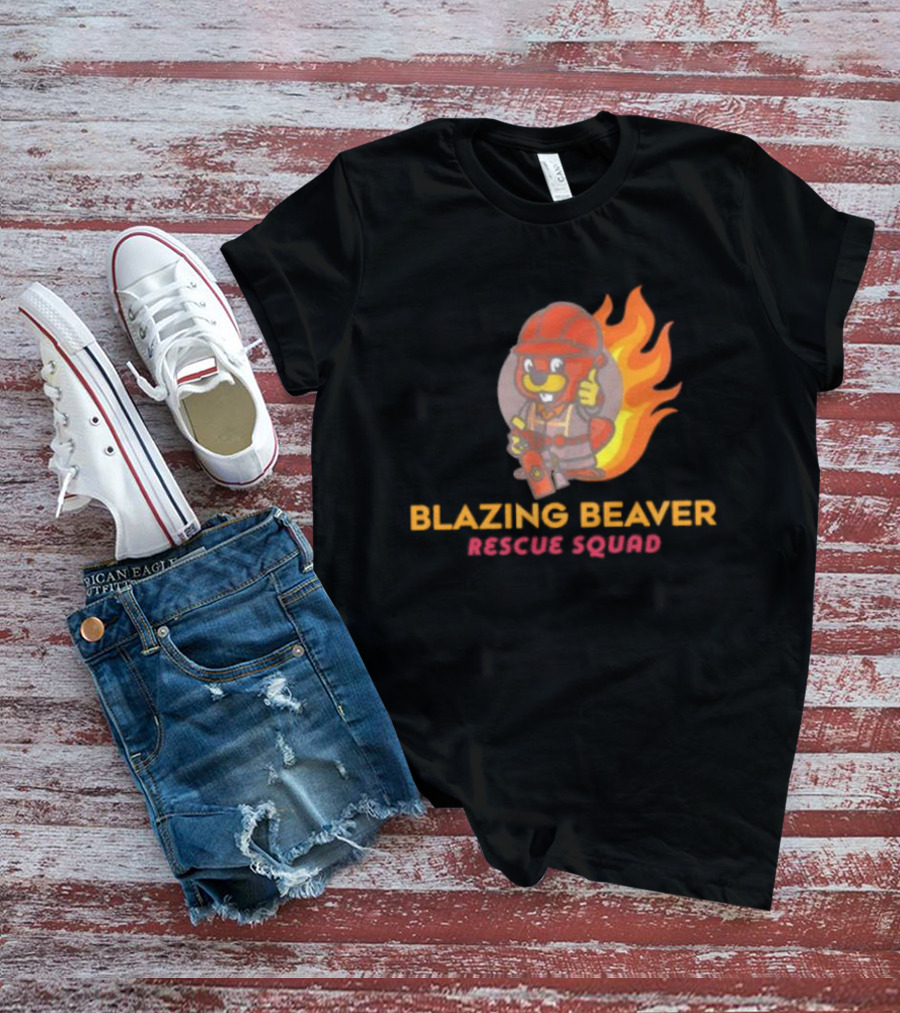 Blazing Beaver Rescue Squad Firefighter Cartoon With Flames T-Shirt