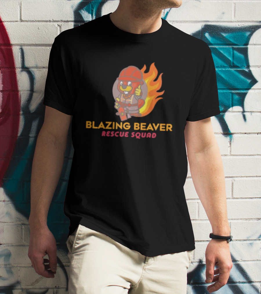 Blazing Beaver Rescue Squad Firefighter Cartoon With Flames T-Shirt