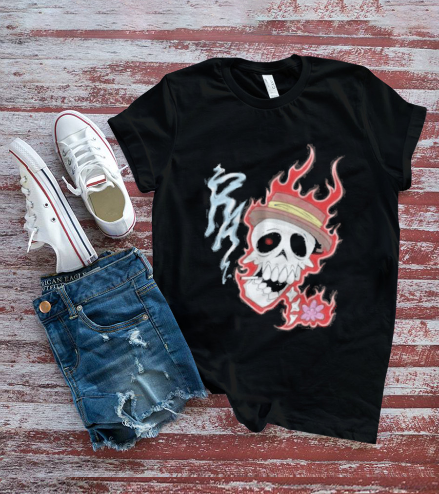 Rare Americans Skull With Flames And Hat Flower T-Shirt