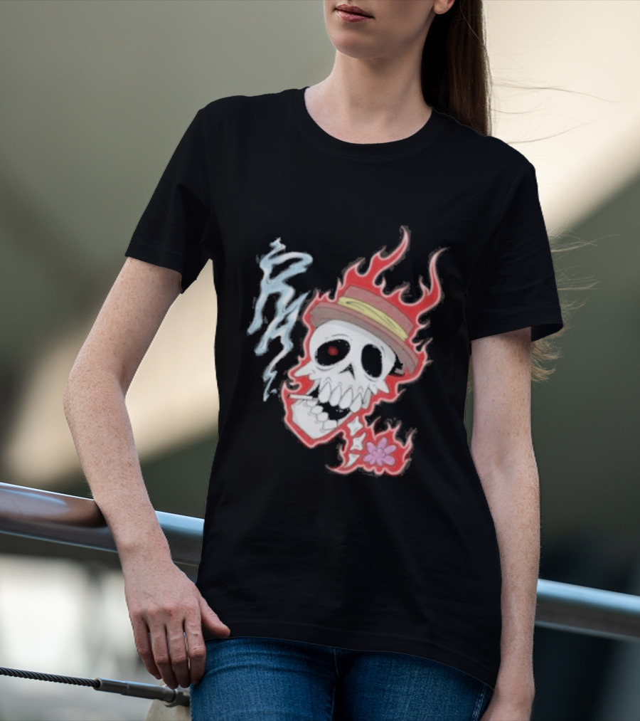 Rare Americans Skull With Flames And Hat Flower T-Shirt