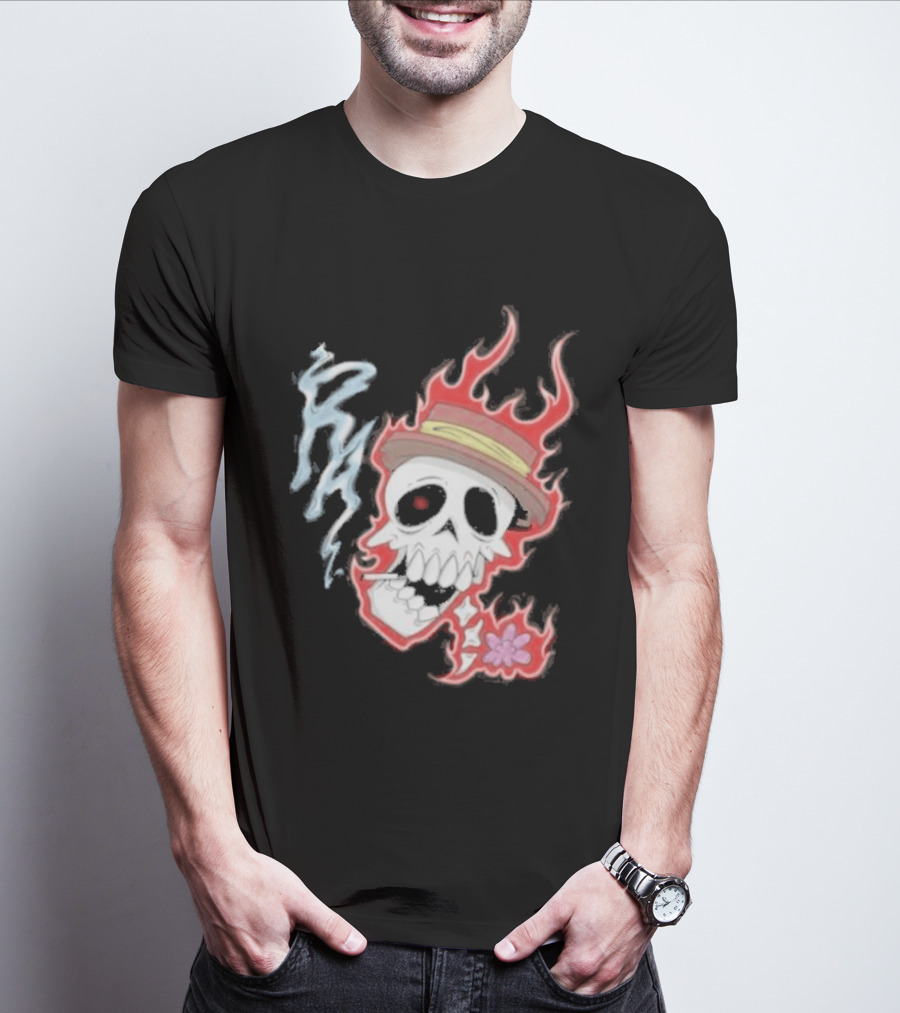 Rare Americans Skull With Flames And Hat Flower T-Shirt