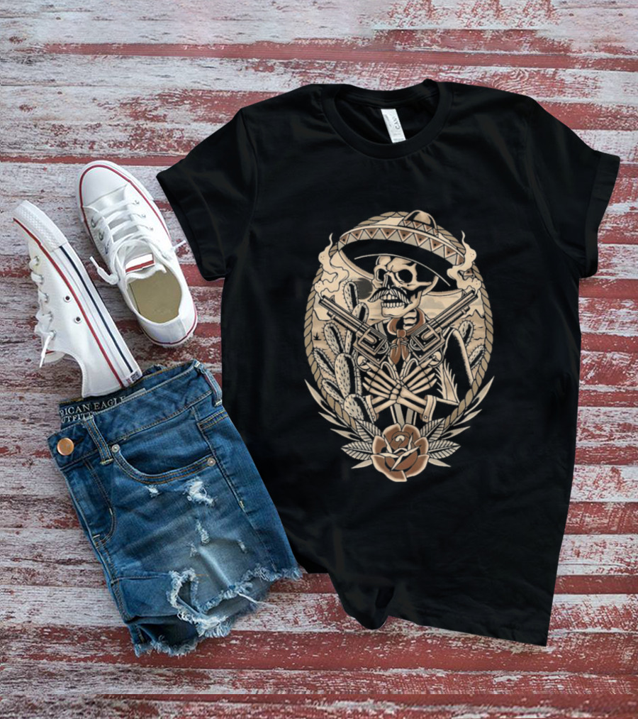 Deathsperado Skeleton Cowboy With Guns Roses And Dollar Signs Black T-Shirt