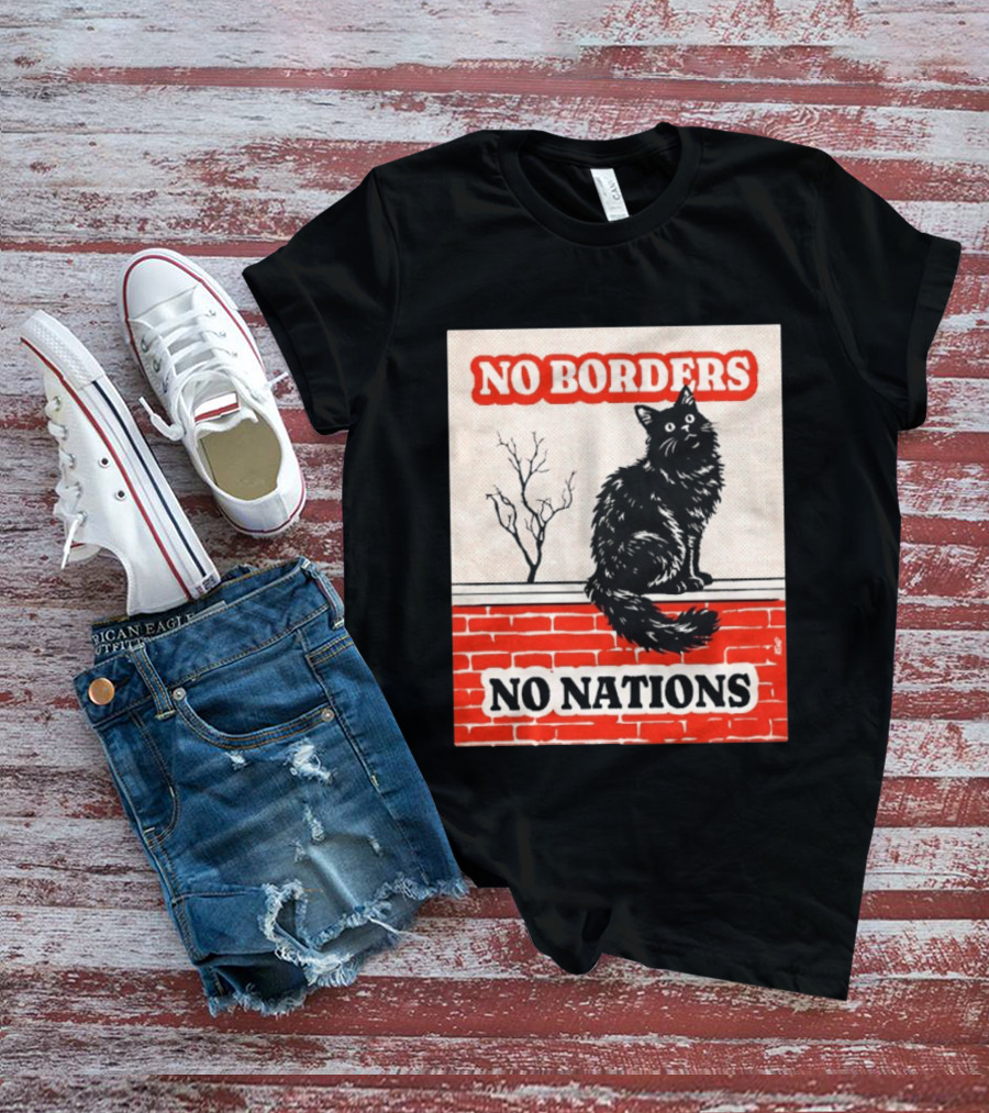 No Borders No Nations Cat Black Feline On Brick Wall T-Shirt