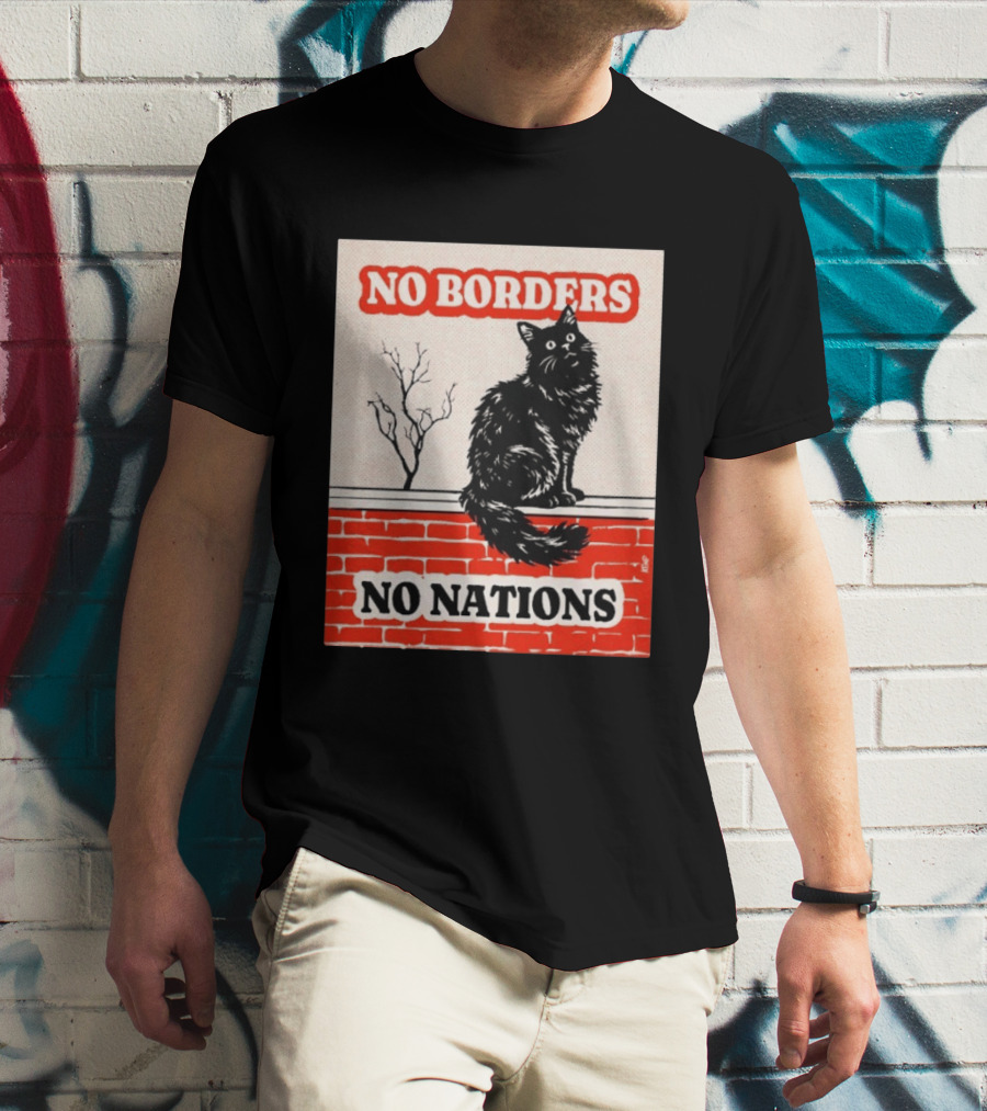 No Borders No Nations Cat Black Feline On Brick Wall T-Shirt