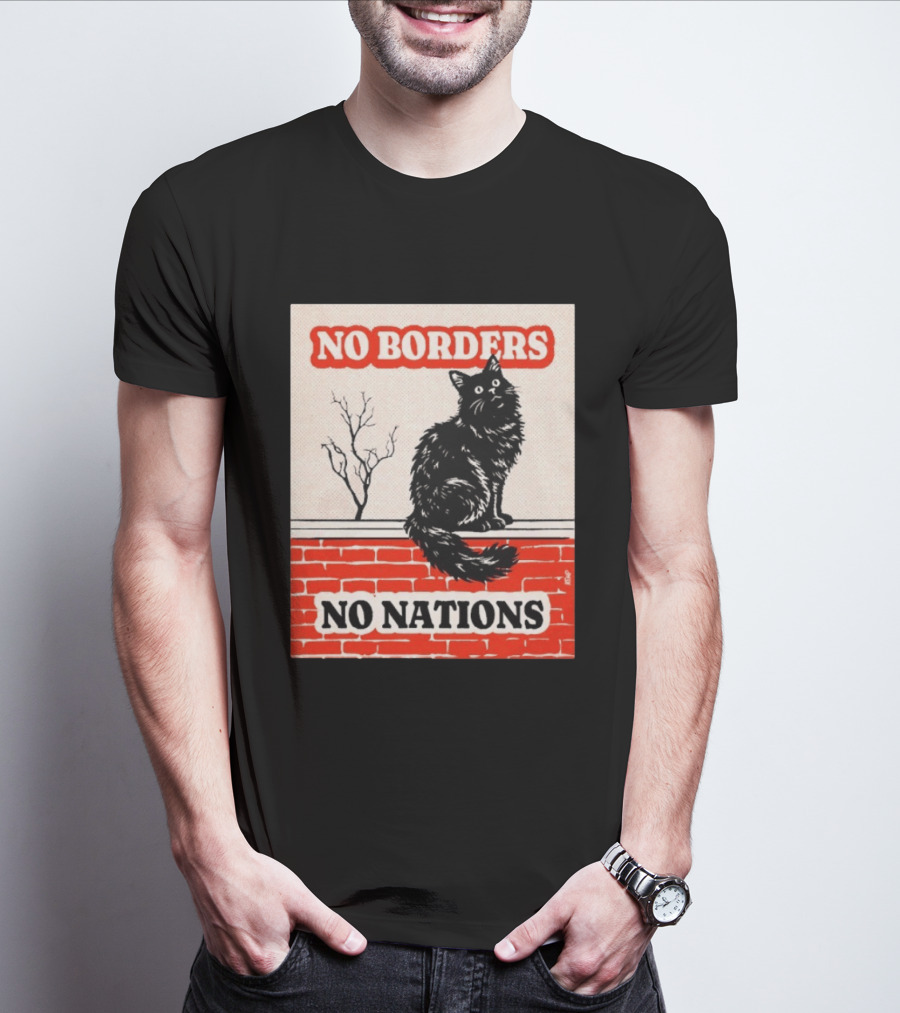 No Borders No Nations Cat Black Feline On Brick Wall T-Shirt