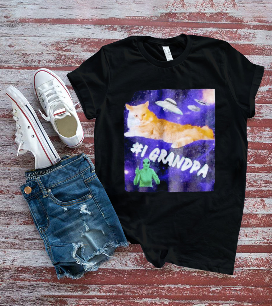 #1 Grandpa Cat Collage Alien And UFO Space T-Shirt