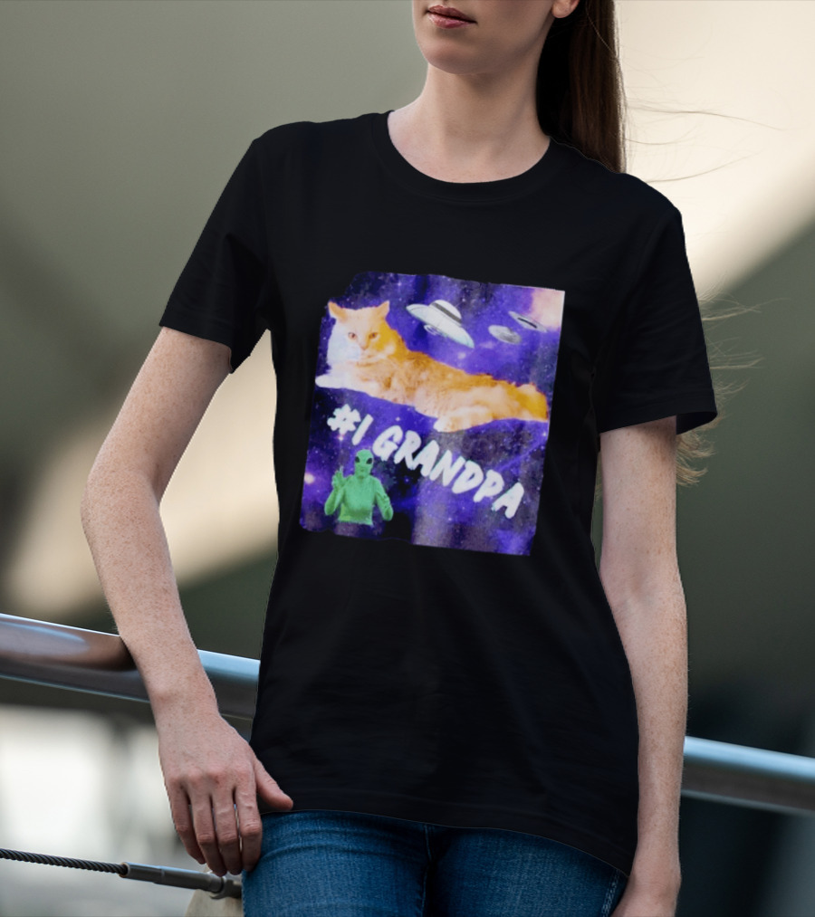 #1 Grandpa Cat Collage Alien And UFO Space T-Shirt