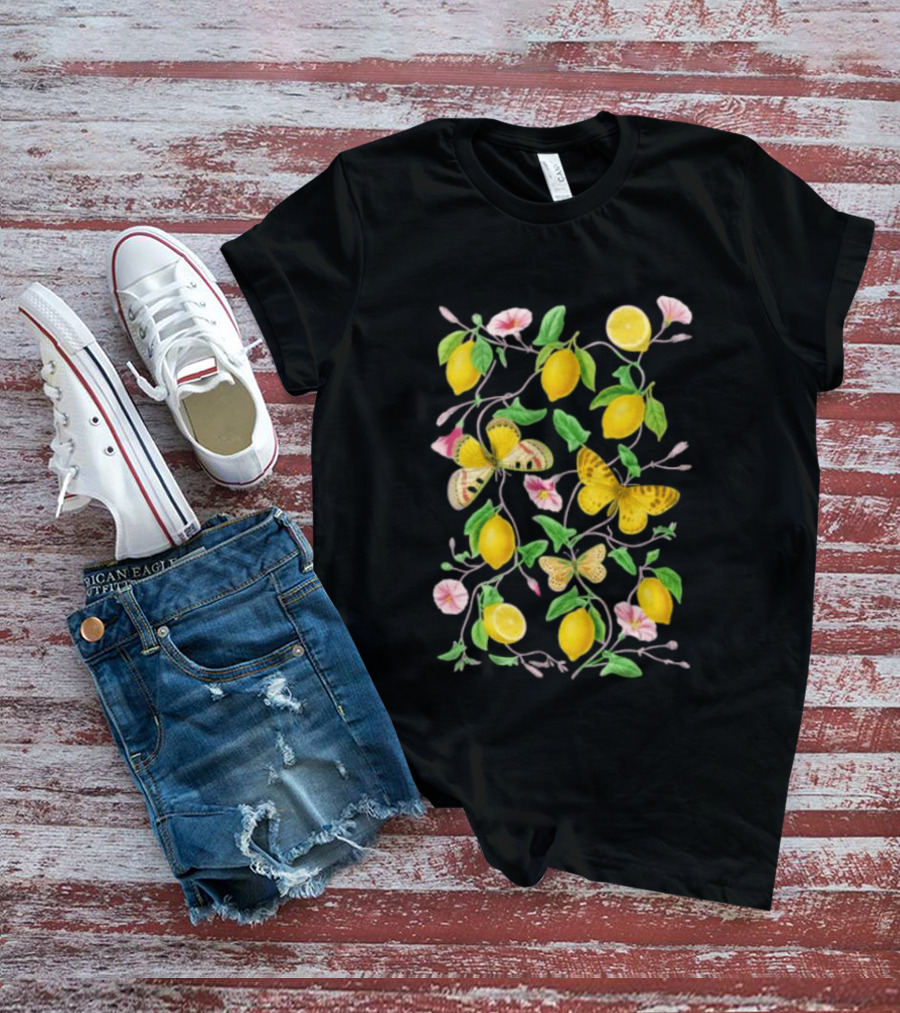 Botanical Lemon Butterfly Pink Flowers And Green Leaves T-Shirt