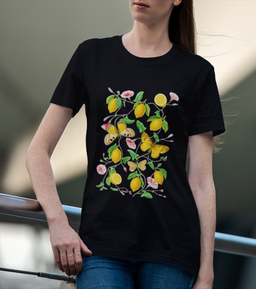 Botanical Lemon Butterfly Pink Flowers And Green Leaves T-Shirt