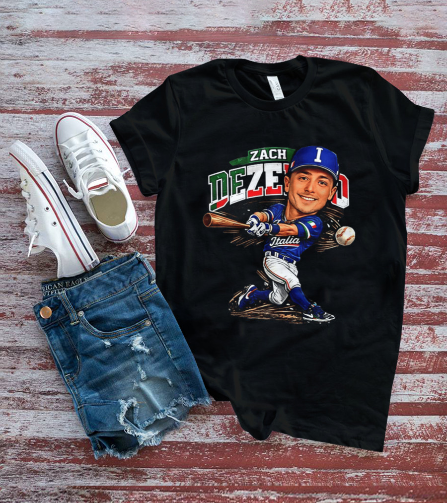 Zach Dezenzo Italia Baseball Classic Caricature Swinging Batter T-Shirt