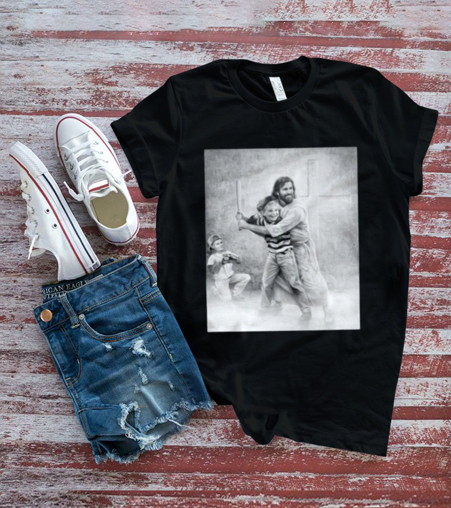 Jesus As A Coach With Children Playing Baseball In Front Of A Cross T-Shirt