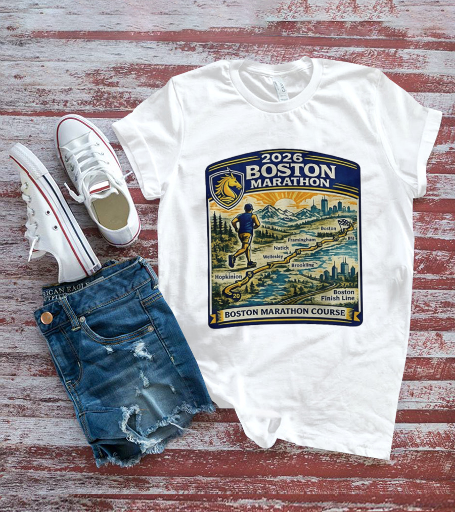2026 Boston Marathon Course Hopkinton Framingham Natick Wellesley Brookline Finish Line T-Shirt