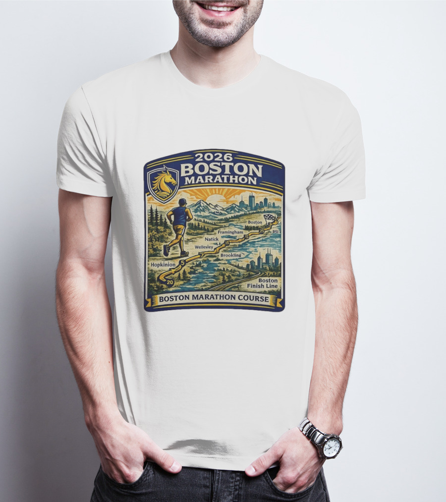 2026 Boston Marathon Course Hopkinton Framingham Natick Wellesley Brookline Finish Line T-Shirt