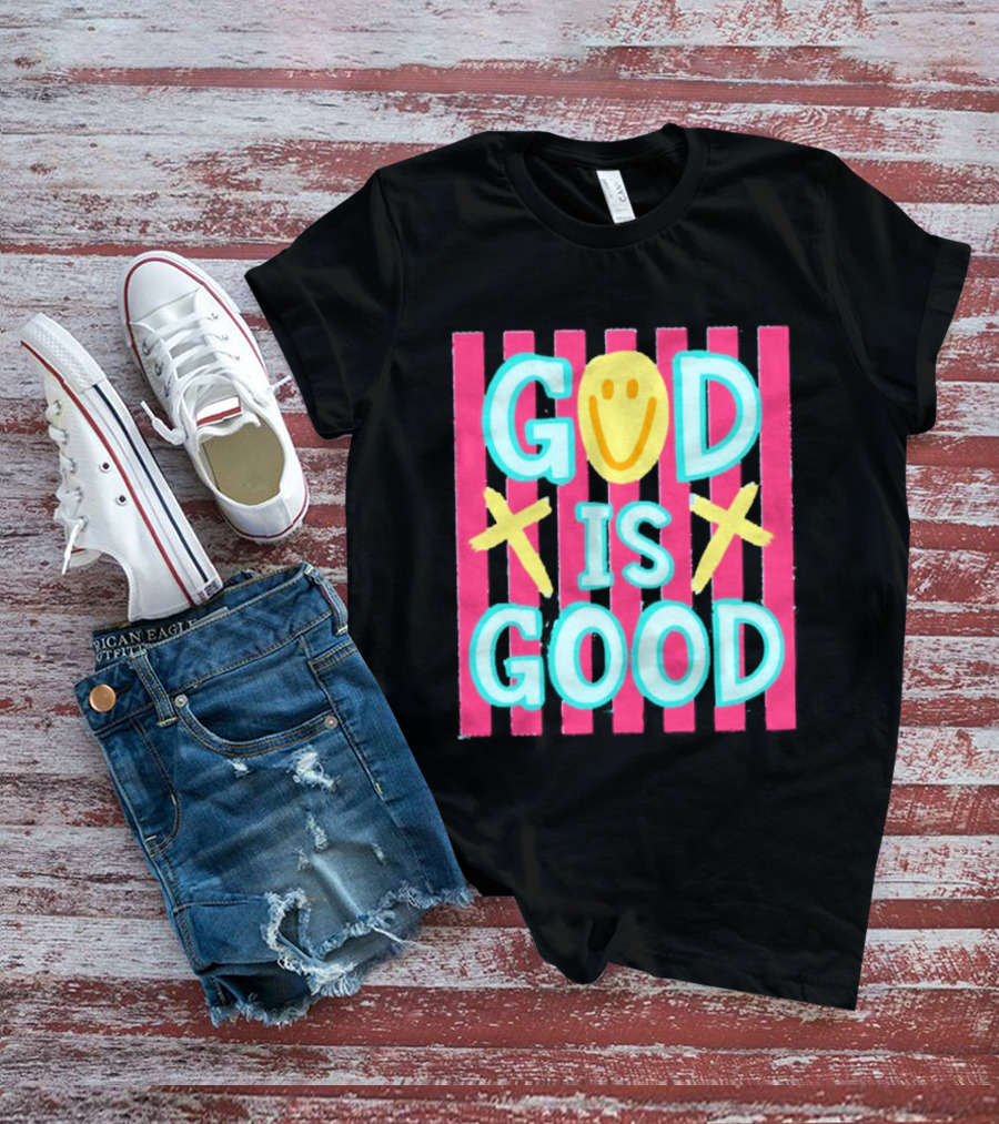 God Is Good Smiley Face Crosses Pink Stripes T-Shirt