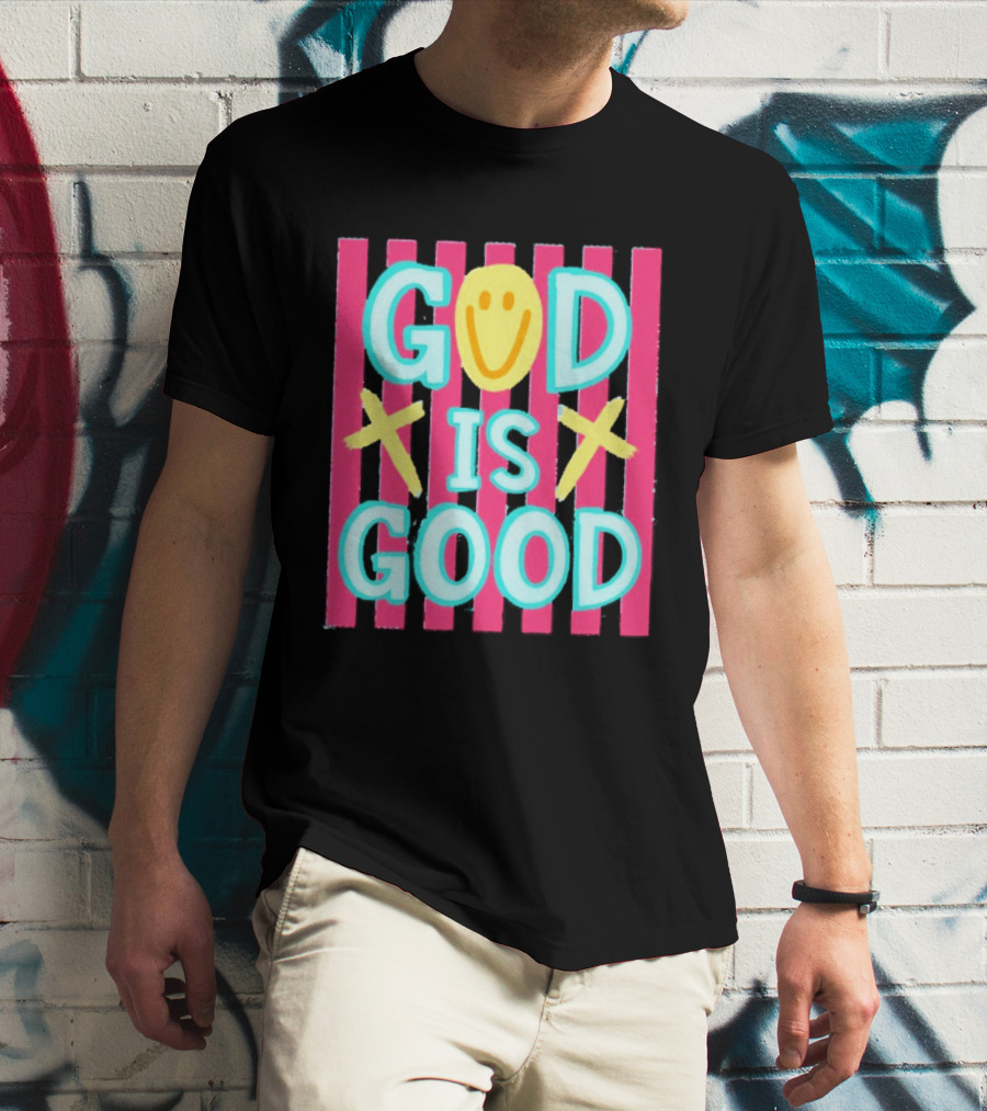 God Is Good Smiley Face Crosses Pink Stripes T-Shirt